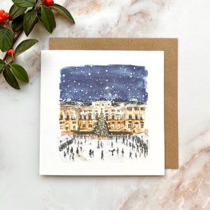 Patineurs sur glace de Noël à Somerset House Londres, carte de voeux illustrée