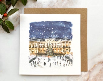 Christmas Ice Skaters at Somerset House London, Illustrated Greetings Card