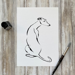 Black and White Ink Art Print - Greyhound Whippet Drawing