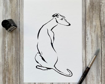 Black and White Ink Art Print - Greyhound Whippet Drawing