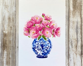 Pink Peonies in a Blue and White Vase Flower Art Print