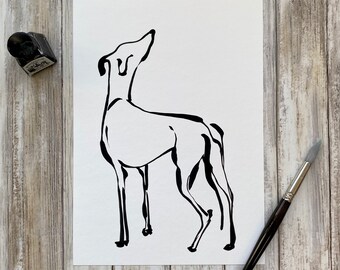 Black and White Ink Art Print - Hound Drawing