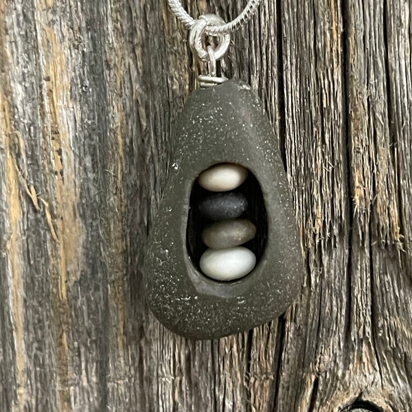 Beach Stone Cairn Set within an Oblong Beach Stone Pendant Necklace