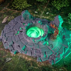 May include: A detailed, gray stone well with a glowing green vortex at its center. The well is surrounded by a cracked, textured surface and a small, detailed figure. The scene is illuminated with green light, suggesting a fantasy or gaming theme.