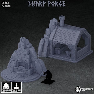 May include: Two gray miniature structures, a forge and a furnace, are displayed. The forge has a sloped roof and open sides, while the furnace has a chimney. The text "DWARF FORGE" and "KARAK AZGARA" are visible. The image also includes the text "PRESUPPORTED FOR SLA" and "PRINT-IN-PLACE FOR FDM".