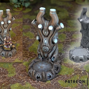May include: A 3D printed, gray and white, tree-like pedestal with a circular base. The base has a detailed design with a central circle and a ring of smaller circles around it. The pedestal is a miniature model for tabletop gaming.