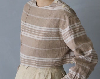 SASAKI-CHIHO/French antique linen stripe beige blouse/long sleeves/short length/antique fabric/handmade/remade/360