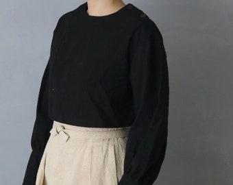 SASAKI-CHIHO/French antique linen black blouse/long sleeves/short length/over dyed black/antique fabric/handmade/remade/361