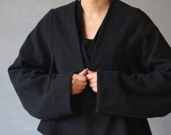 SASAKI-CHIHO/French antique linen long sleeves short jacket/black over-dyed/France/bolero/218