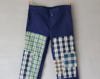 MITSUGU SASAKI/French vintage patchwork blue moleskine work pants with antique fabric/France 1960's/patched/workwear/farmers plaid/245