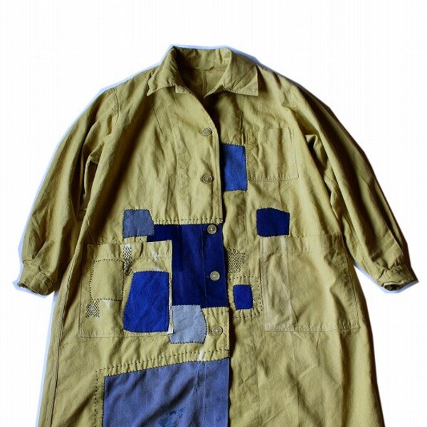 Slovak vintage patchwork yellow coat/Slovakia/patched blue cotton/work coat/shop coat/209