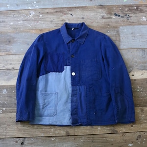 1950s German Herringbone Work Jacket – Hand Stitched Patchwork Vintage Remake (Der Blaue Label)/cotton/blue/patched/hand stitched/318