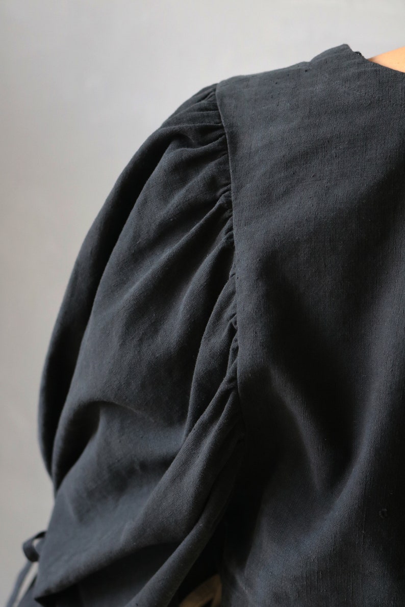 SASAKI-CHIHO/Antique black linen long gathered sleeves blouse/French linen/antique fabric/handmade/overdyed black/remade/sleeves/349 image 9