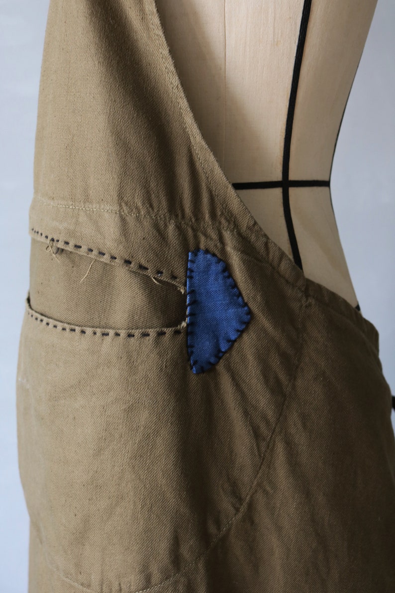 MITSUGU SASAKI/Czech military vintage cotton patchwork apron/brown and blue/repaired/patched/handwork/hand stitched/121 image 5