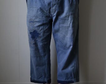 French Vintage Patchwork Blue Work Pants With Antique Fabric