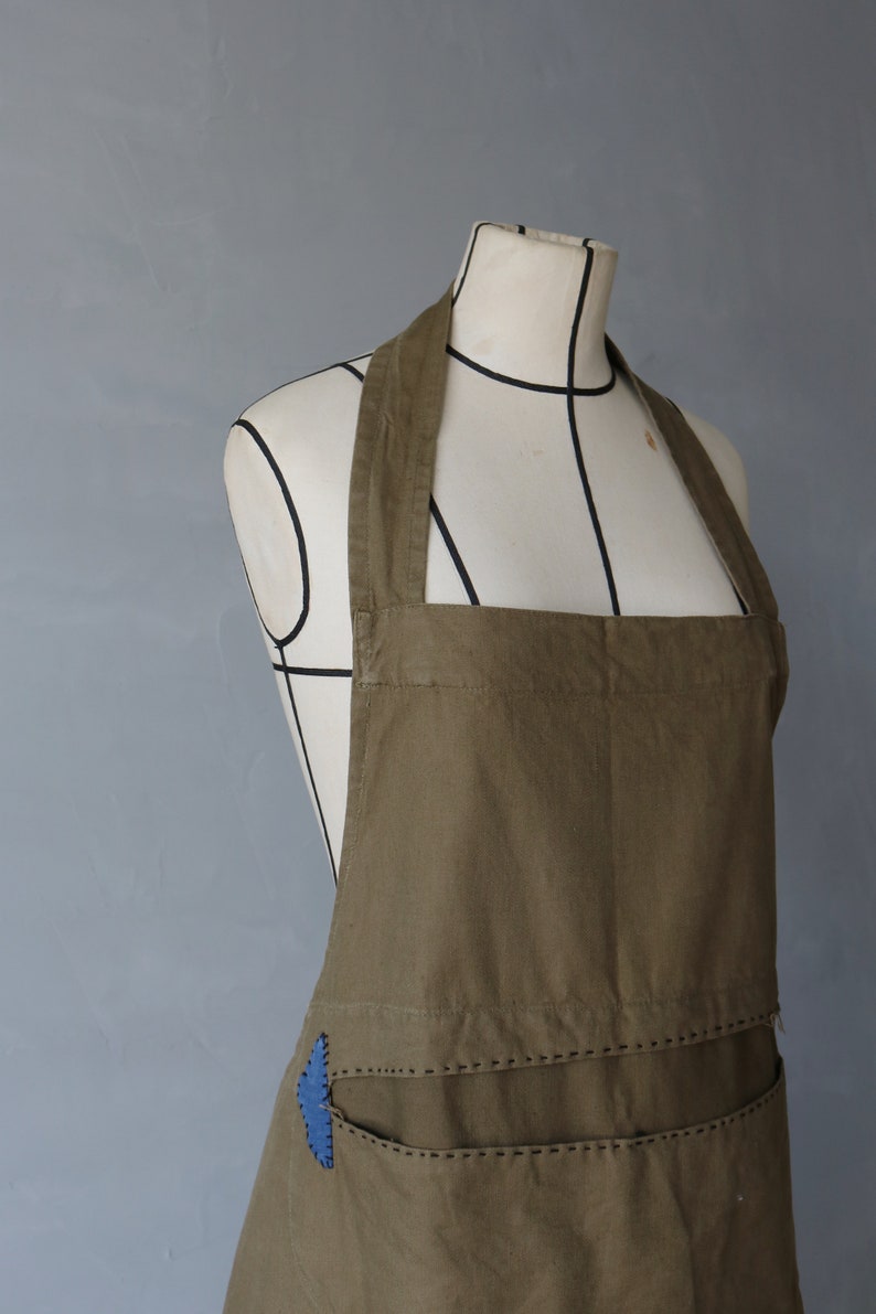 MITSUGU SASAKI/Czech military vintage cotton patchwork apron/brown and blue/repaired/patched/handwork/hand stitched/121 image 3