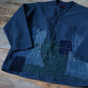 Camisa militar soviética de patchwork índigo – Algodón cálido Boro Sashiko con Semamori/boro japonés con parches/cosido a mano/cosido a mano/490