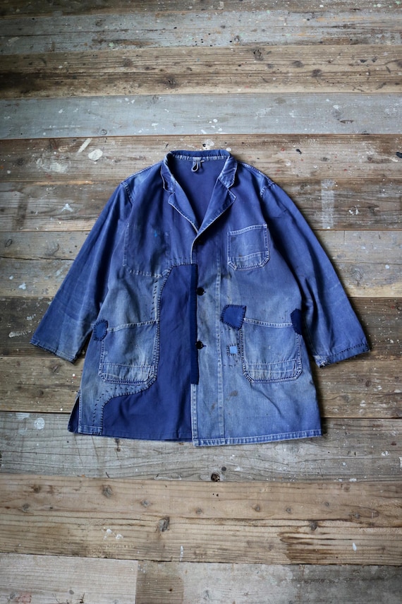 MITSUGU Sasaki/german Vintage Patchwork Faded Blue Work Coat