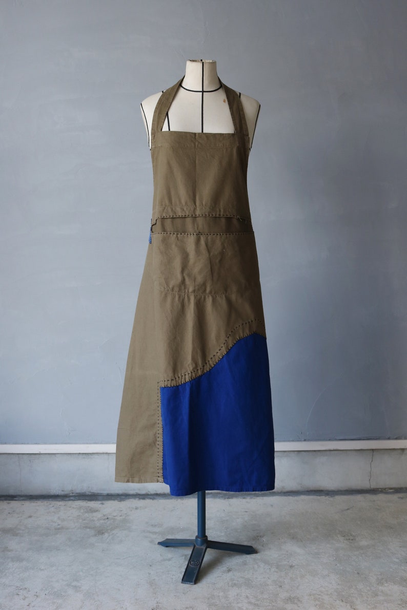 MITSUGU SASAKI/Czech military vintage cotton patchwork apron/brown and blue/repaired/patched/handwork/hand stitched/121 image 1