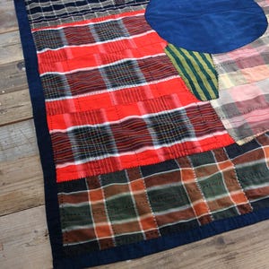 以下が含まれることがあります： 赤、緑、青のチェック柄が様々なパッチワークキルト。大きな青い円がキルトに縫い付けられています。キルトは濃い青色の生地で縁取られています。