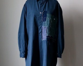 Camisa larga militar sueca vintage de patchwork índigo con bordado japonés Semamori/Suecia/borato/cosido a mano/azul índigo/teñido sobre tela/492