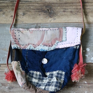 Vintage Japanese Rice Bag Patchwork Shoulder Bag | Meiji-Taisho Era Fabric | Sashiko| Pink Mix | Indigo | Handmade [zakka-231]