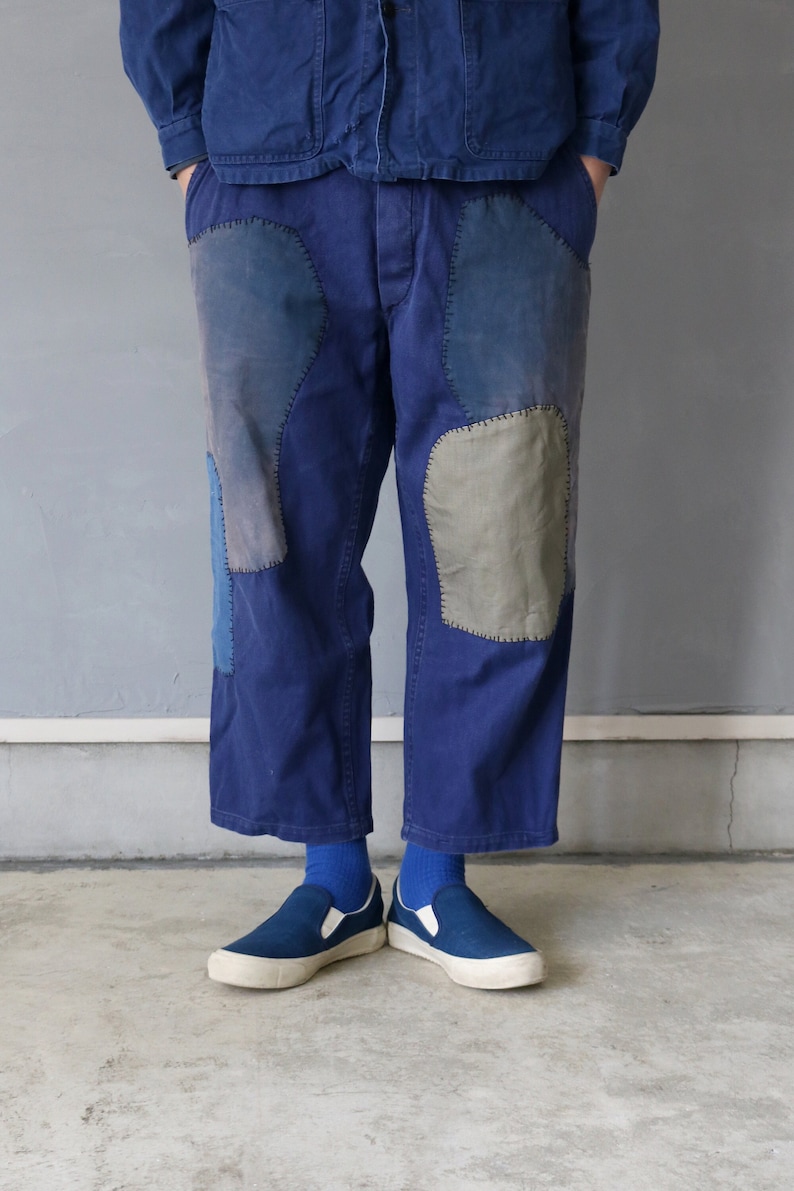 MITSUGU SASAKI/French vintage patchwork blue work pants/France 1960's/patched/workwear/blue/hand stitched/213 image 1