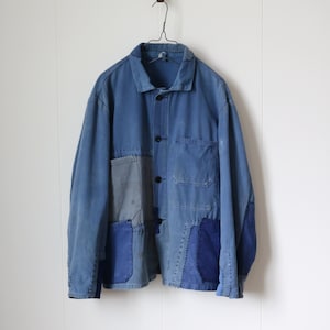Vintage German Herringbone Work Jacket – Hand Stitched Patchwork Remake (1960s, Men's L)sashiko/handwork/repaired/317