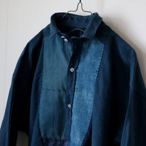 Indigo Patchwork French Antique Linen Pullover Long Shirt with Semamori/France/patched Japanese boro/hand stitched/pullover shirt/479