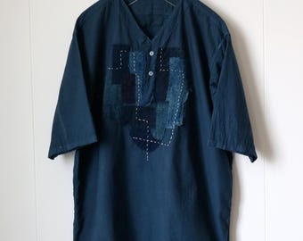 Indigo Patchwork Soviet Short Sleeve Shirt – Sashiko Neck Detail Boro Style (1970s)/patched Japanese boro/hand stitched/495