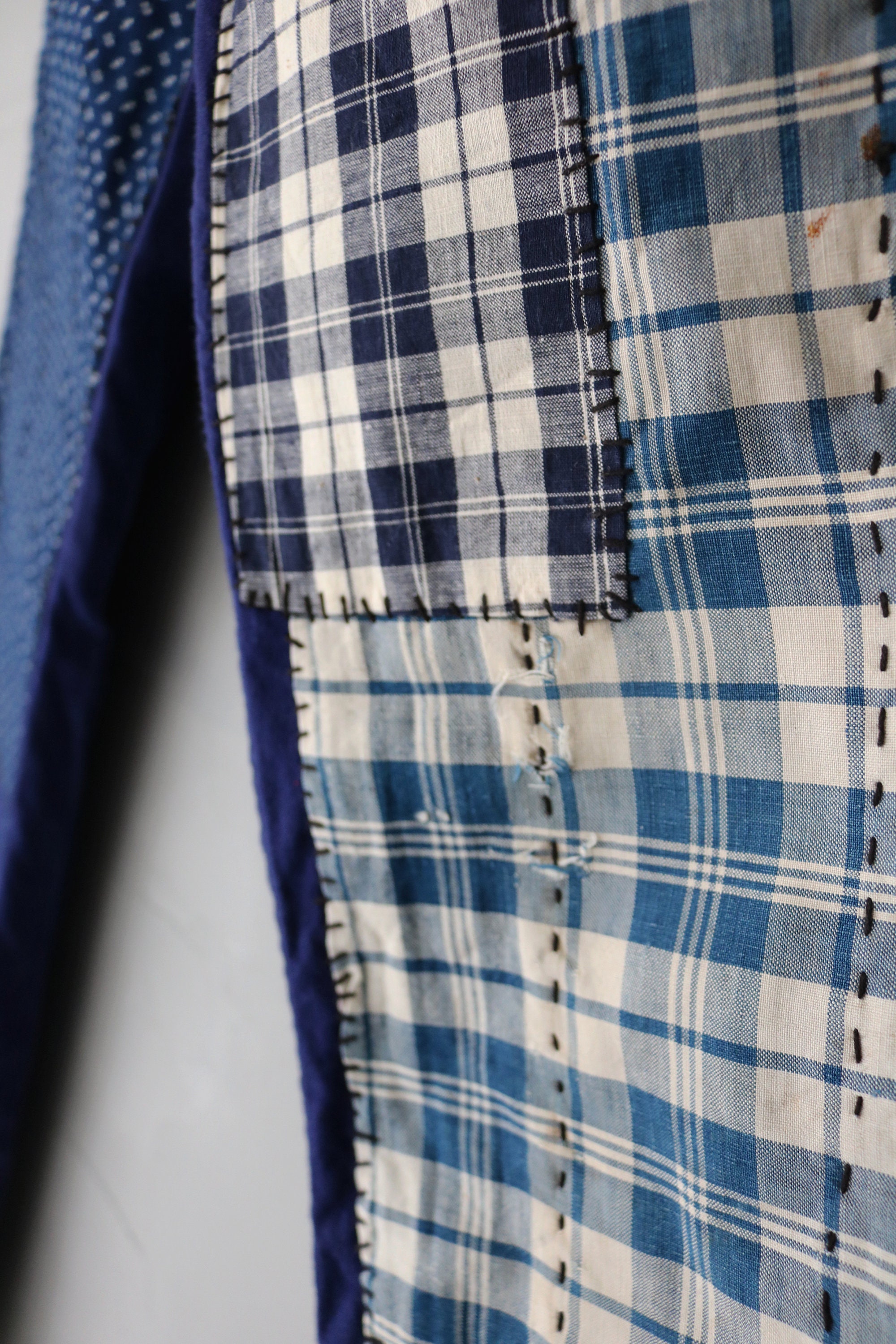 French Vintage Patchwork Blue Work Pants With Antique Fabric