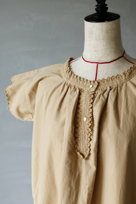 French antique cotton beige short sleeves dress/Fr