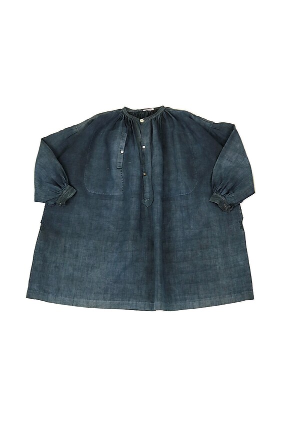 French antique indigo linen Farmer's smock with re