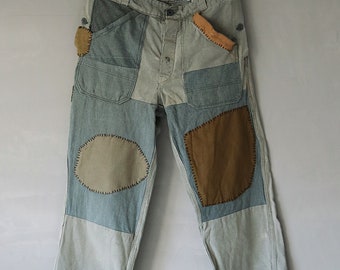 MITSUGU SASAKI/Swiss military vintage patchwork denim cotton work pants/Switzerland 1960s/patched/workwear/gray green/217