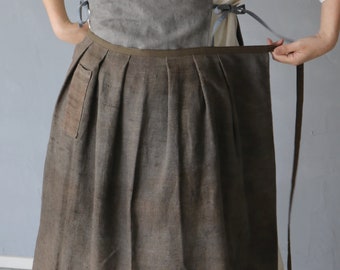 SASAKI-CHIHO/Antique linen work apron/hand-dyed brown/homemade/half apron/antique/158