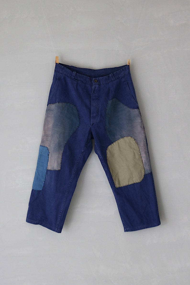 MITSUGU SASAKI/French vintage patchwork blue work pants/France 1960's/patched/workwear/blue/hand stitched/213 image 3