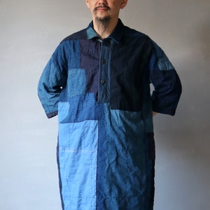 MITSUGU SASAKI/super boro boro indigo blue long shirt/half sleeves/Japanese Boro/sashiko/hand stitched/handwork/Europe/patchwork/patched/350