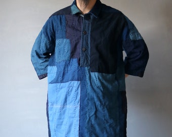 MITSUGU SASAKI/super boro boro indigo blue long shirt/half sleeves/Japanese Boro/sashiko/hand stitched/handwork/Europe/patchwork/patched/350
