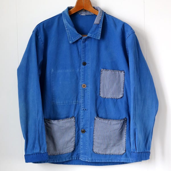 French vintage blue work jacket with stripe patch pockets/France 1970s/patched/patchwork/hand stitched/303