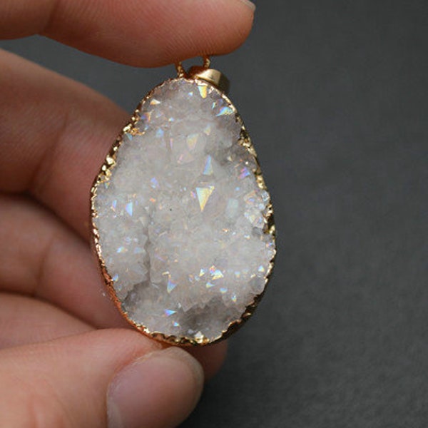 AB Plating White Druzy Stone Pear Pendant Drusy Quartz Jewelry