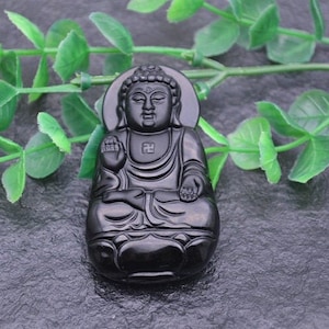 Natural Black Obsidian Stone Carved Buddha Pendant Protective Talisman Amulet Jewelry