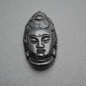 Natural Black Obsidian Carved Guanyin Buddha Head Stone Pendant