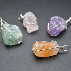 1pc Natural Rough Stone Nugget Wire Wrapped Pendant fit Necklace making ( Natural Amethyst / Rose Quartz/ Citrine / Fluorite )