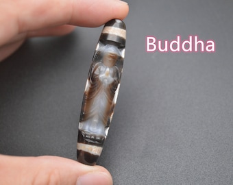 Ciondolo di perline DZI tibetano scolpito con Guanyin Buddha in agata nera naturale