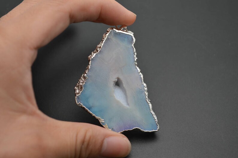 Geode Druzy Agate Big size Freeform Stone Slab Pendant Silver Plating