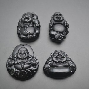 Natural Black Obsidian Carved Laughing Money Coin Buddha Stone Pendant For Man&#39;s Necklace Making