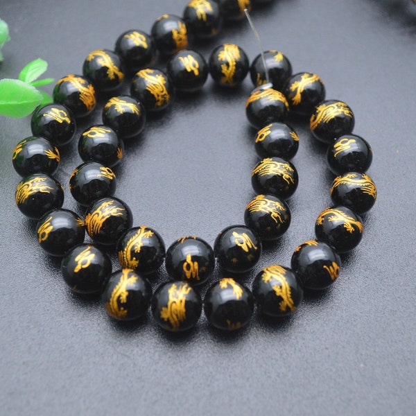 6mm 8mm 10mm Or sculpté couleur Chinoise Dragon Veines Noir Onyx Rond Perles Lâches Bijoux Découvertes