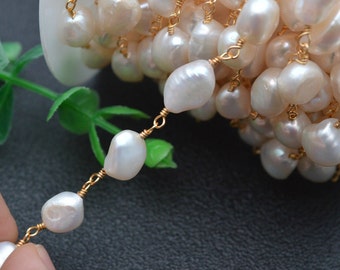 5m Natural White Pearl Beads Gold color Copper Wire Linked Jewelry making Chains