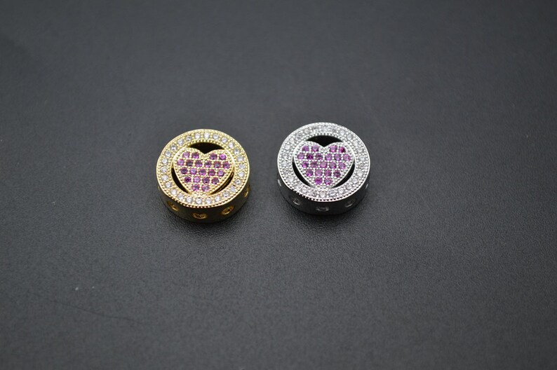 10pc 12mm Multi Color CZ Setting Flat Round Heart Shape Metal Spacer Coin Loose Beads Jewelry Findings