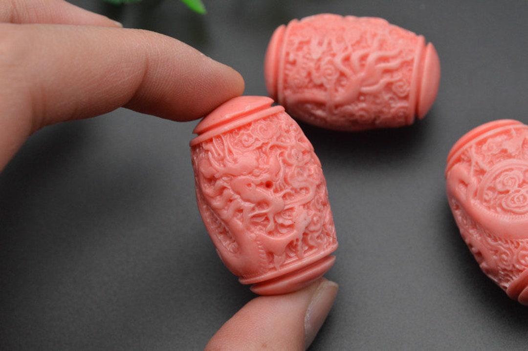 5pc 25x40mm Carved Chinese Lucky Dragon Big Tube Barrel Pink